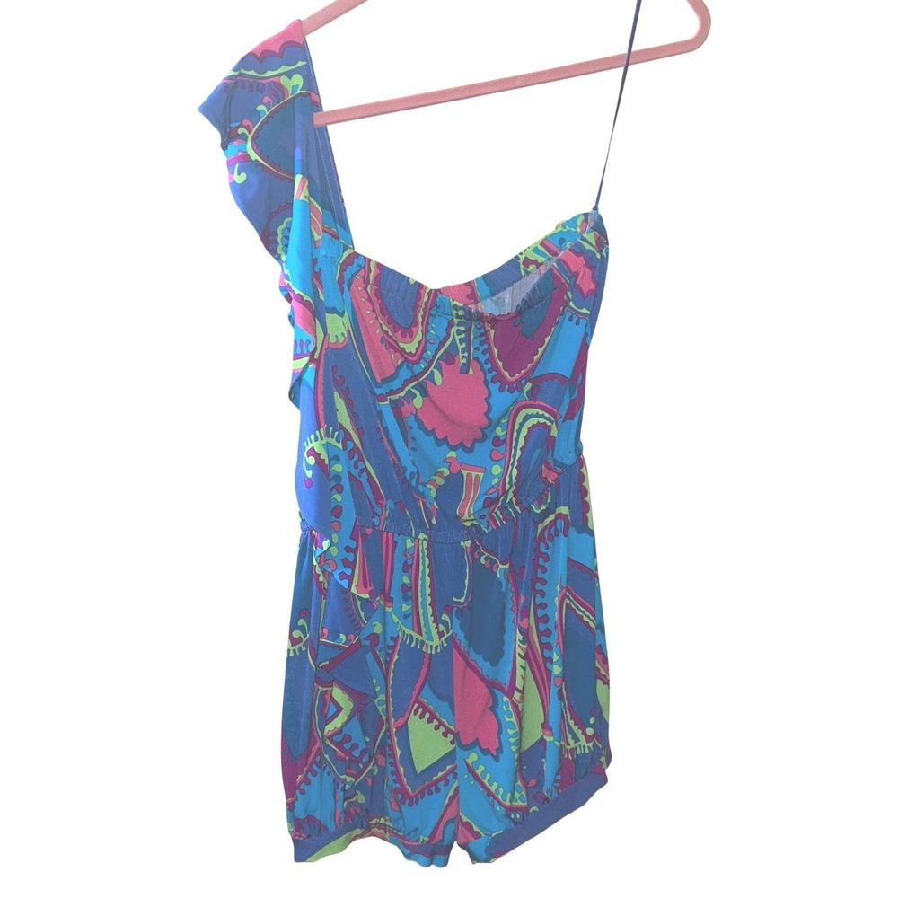Tibi New York One Shoulder Ruffle Romper Blue Pink Paisley Print Size S
